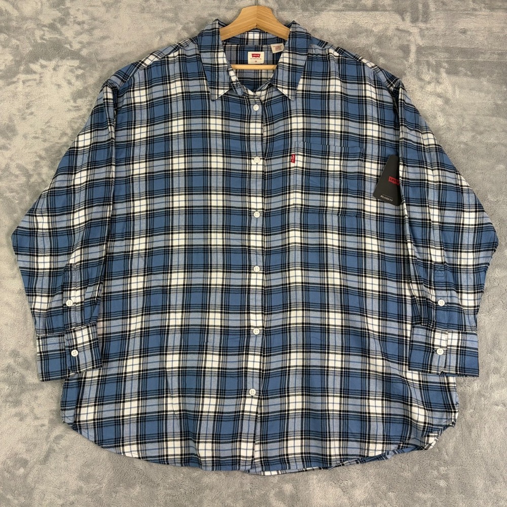 Levi's Flannel Shirt 2X Womens Blue Plaid Long Sleeve Henri NEW